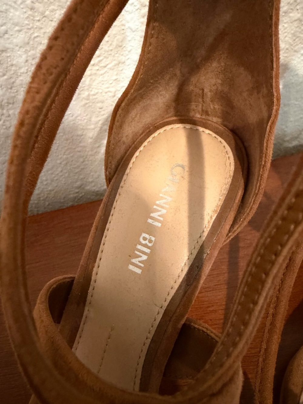 Gianni Bini Tan Suede Lace-Up Pom Pom Heels - Picture 2 of 5